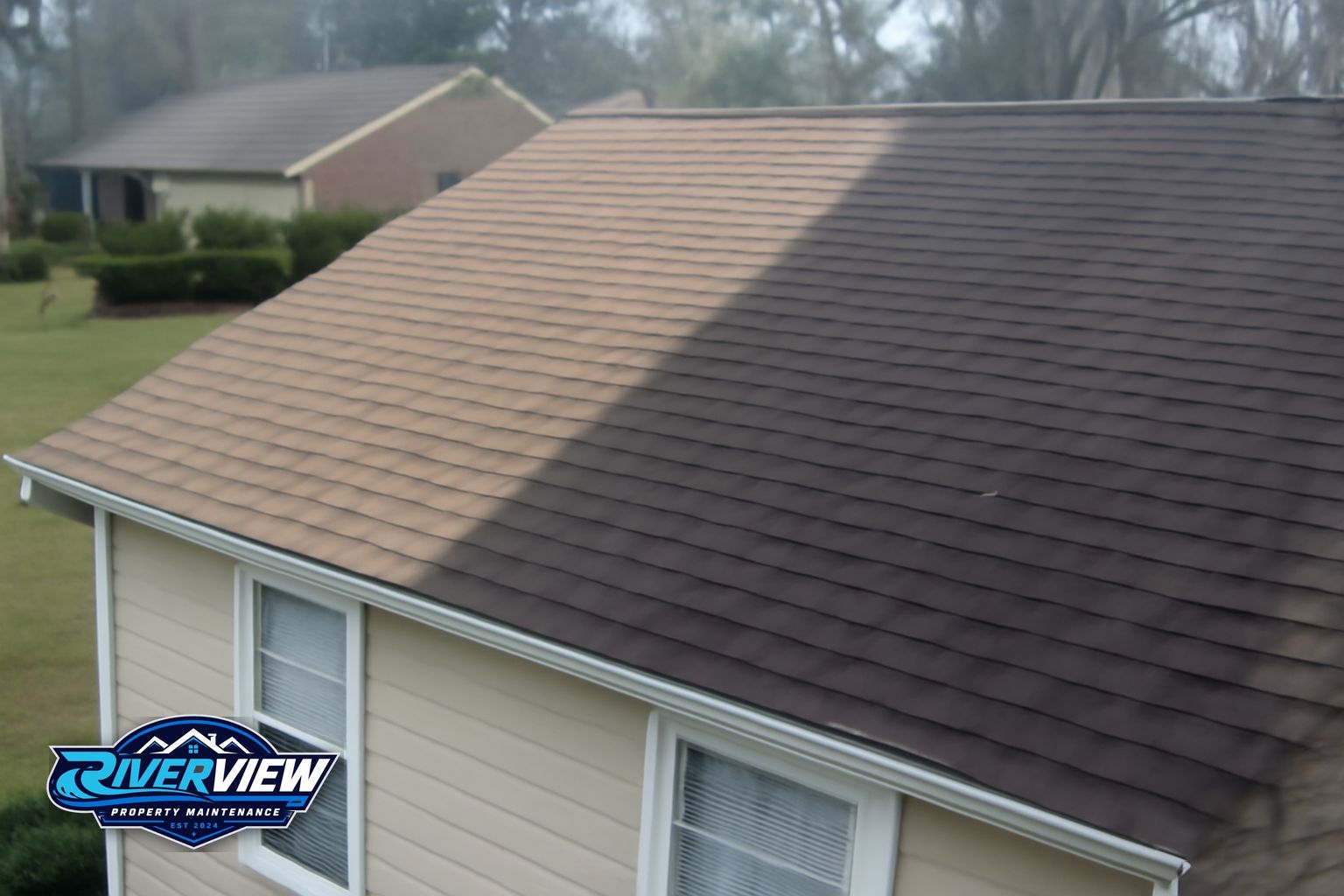 Clean asphalt shingle roof after soft washing in Bethlehem, GA 30620