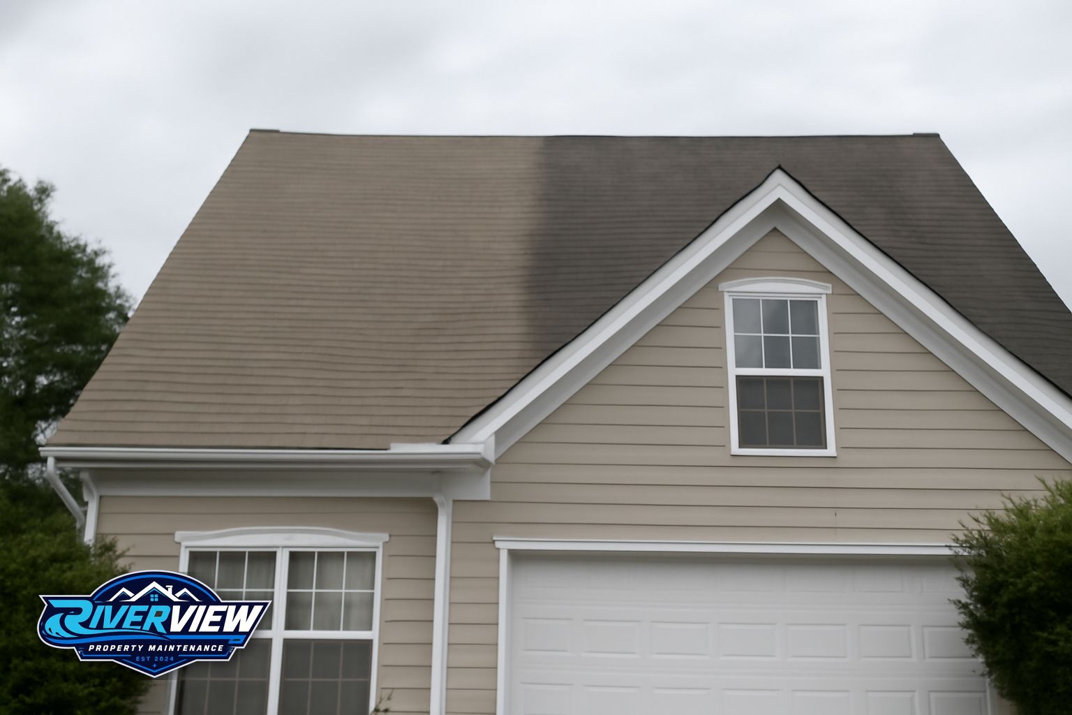 Clean asphalt shingle roof after soft washing in Dacula Georgia 30019 subdivision
