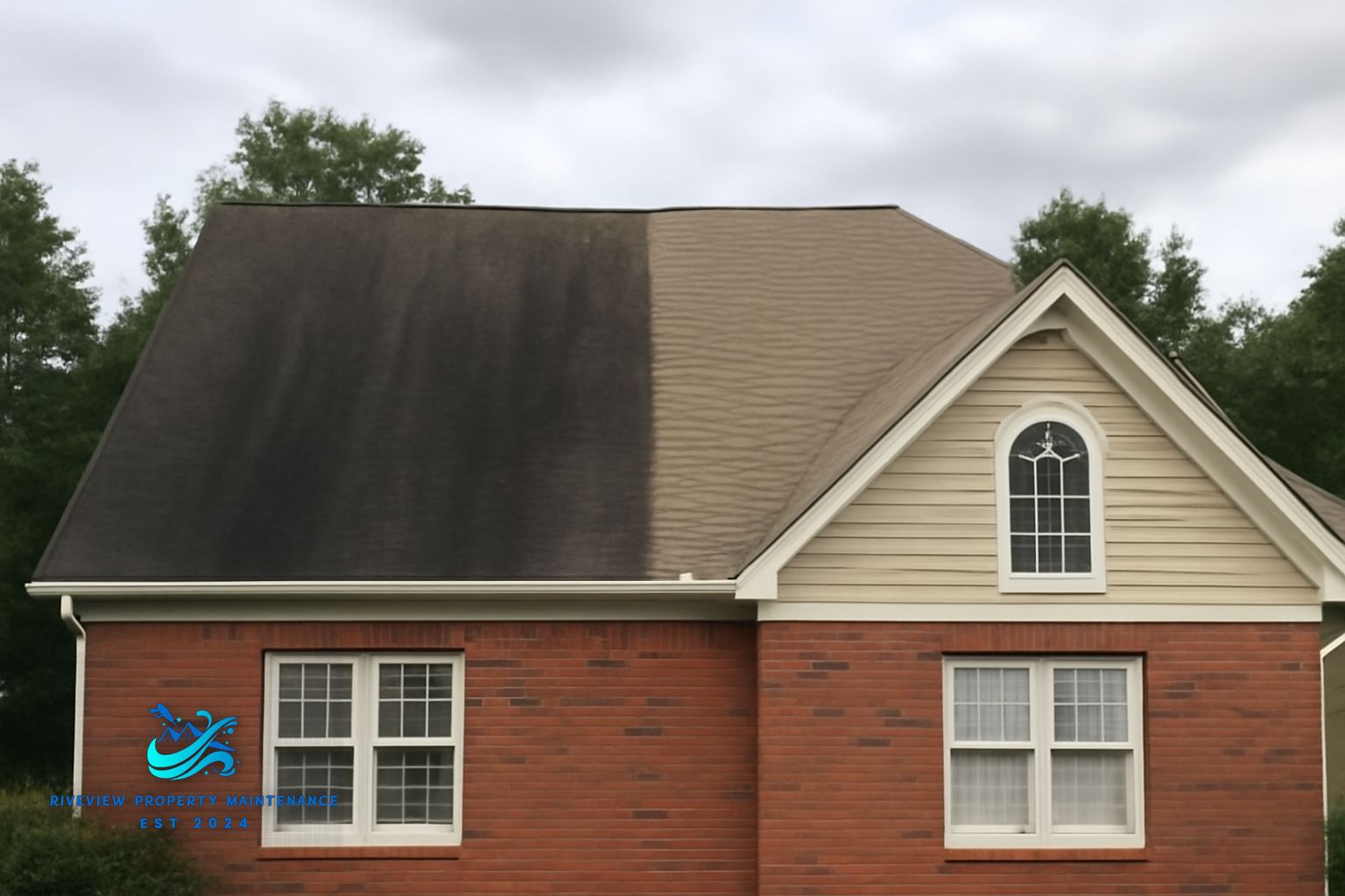Black algae streaks on asphalt shingle roof in Dacula, GA neighborhood