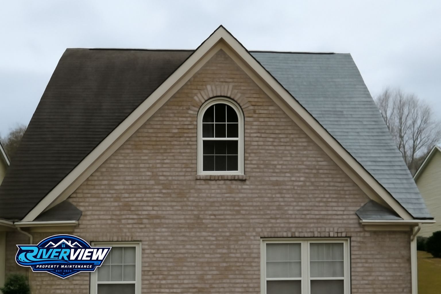 Before and after roof soft washing on a Grayson GA home showing black streak removal