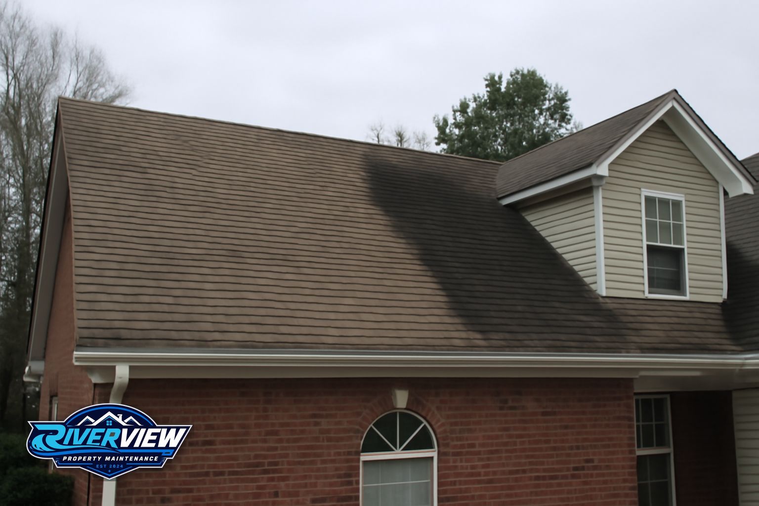 Clean roof after soft washing on a Grayson GA home with heavy tree cover