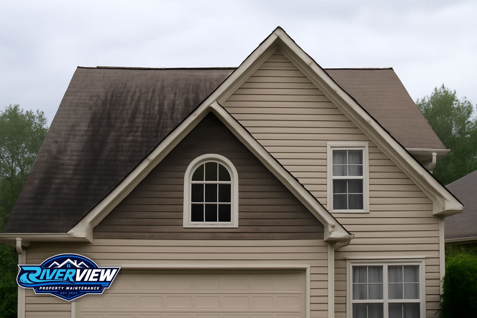 Black algae streaks on asphalt shingles on a Grayson GA home in the 30017 zip code