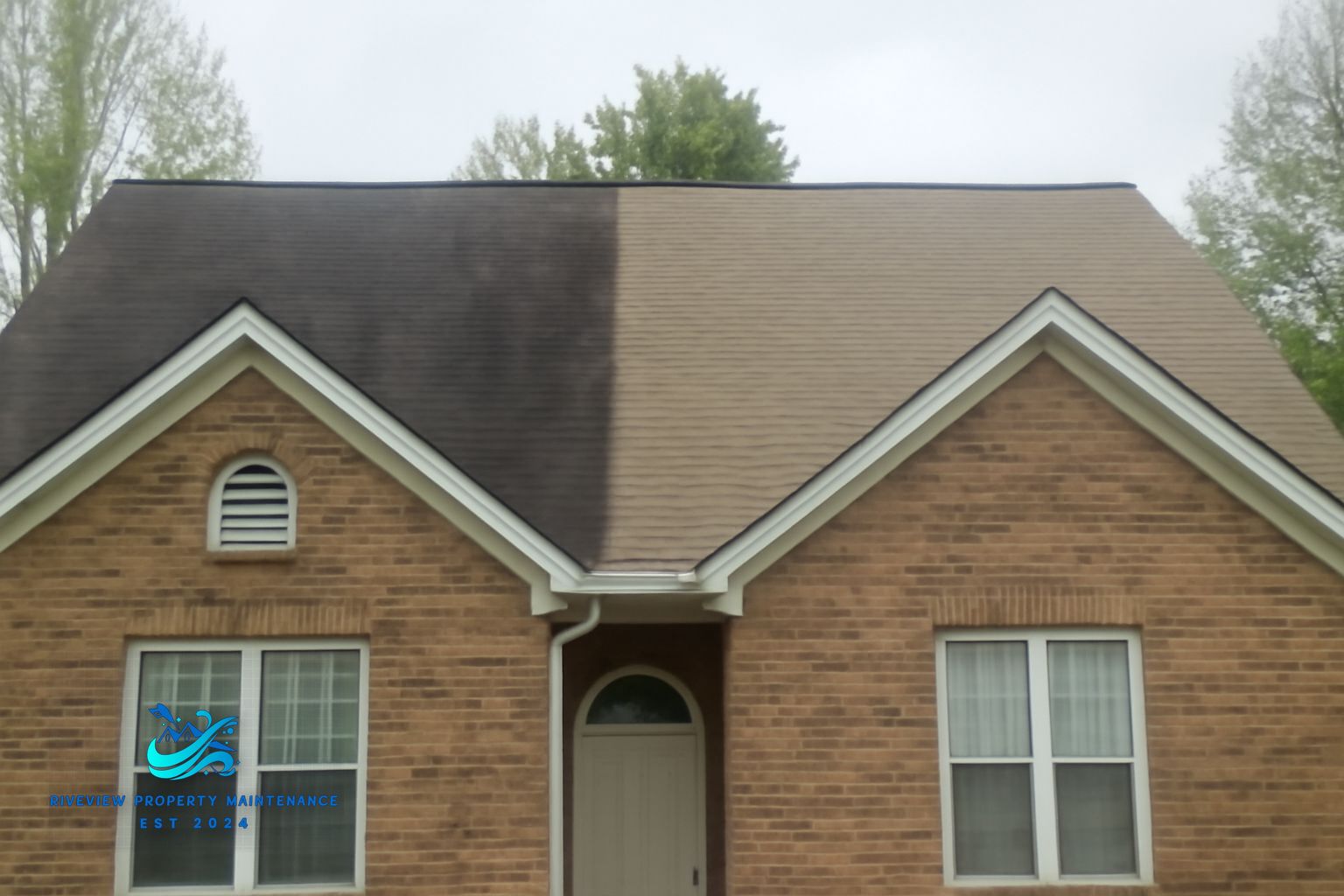 Black algae streaks on asphalt shingles in Grayson, GA before soft washing