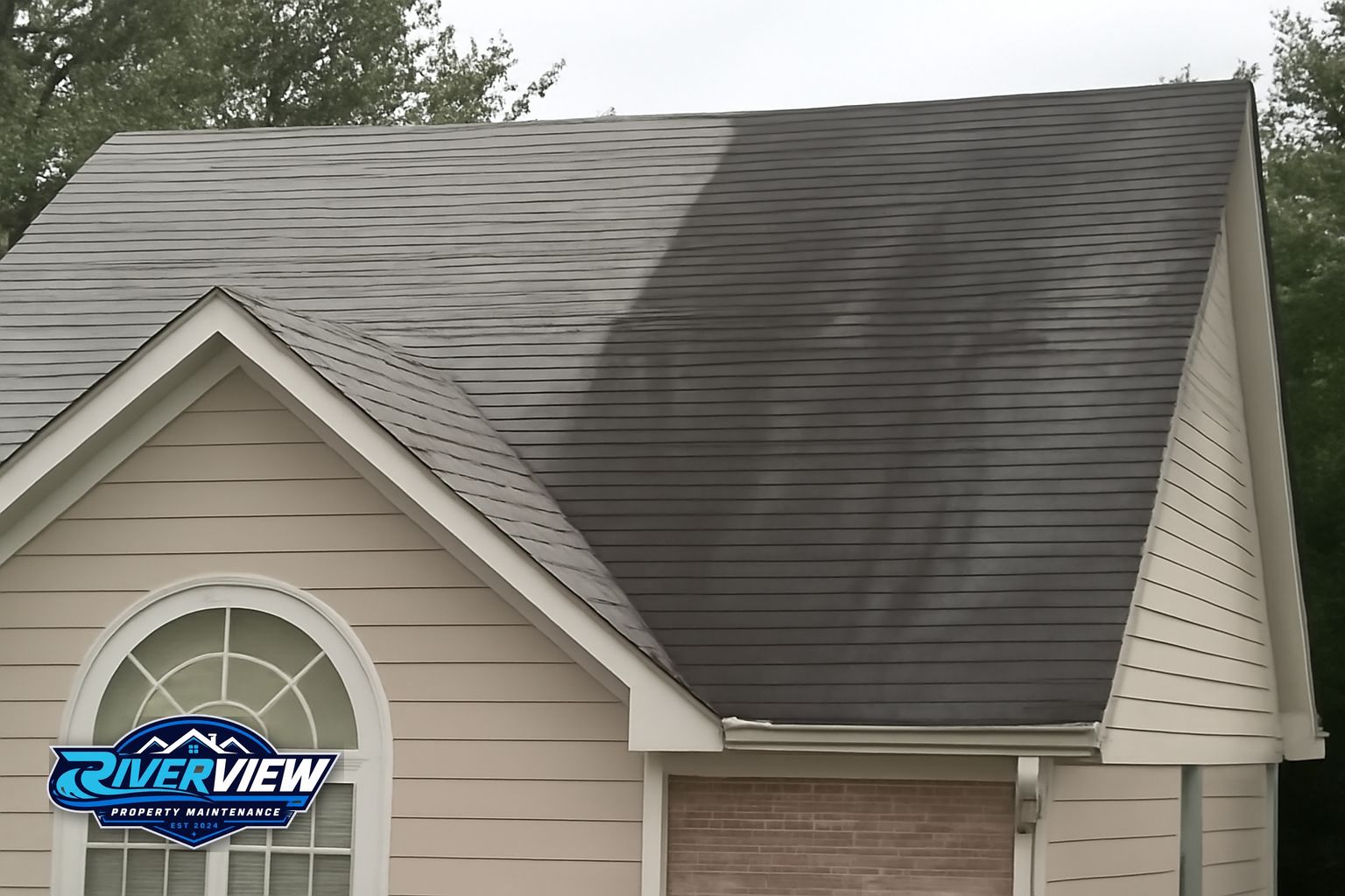 Lawrenceville, GA home exterior after roof soft washing and house soft washing by Riverview Property Maintenance