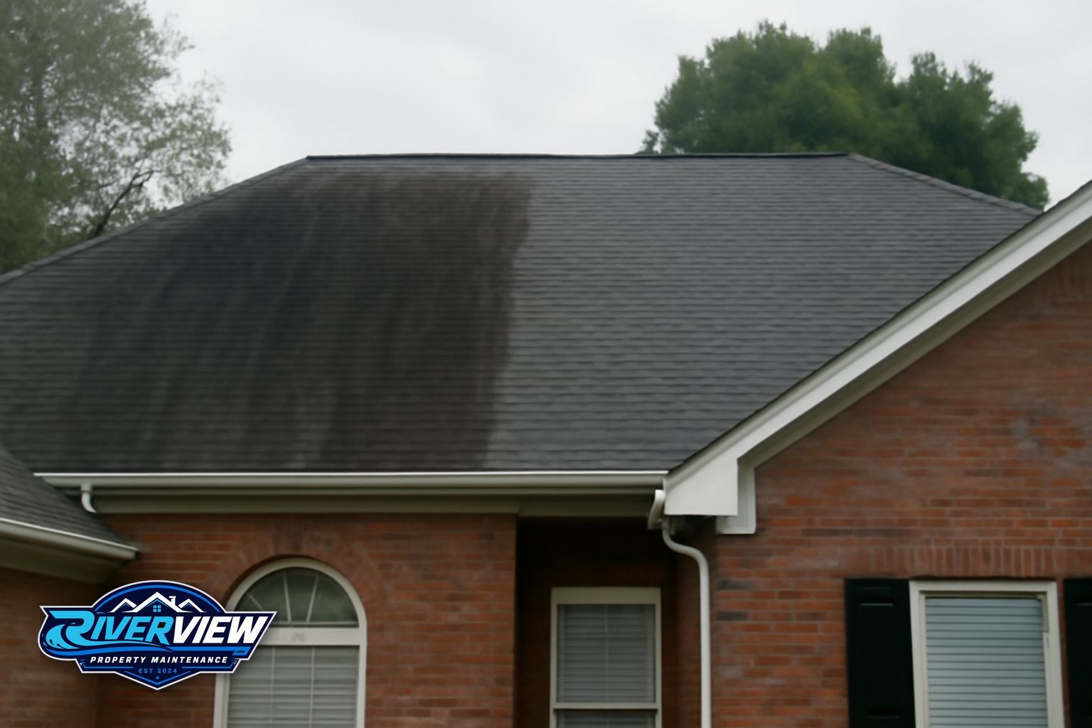 Clean asphalt shingle roof after soft washing in Lawrenceville GA