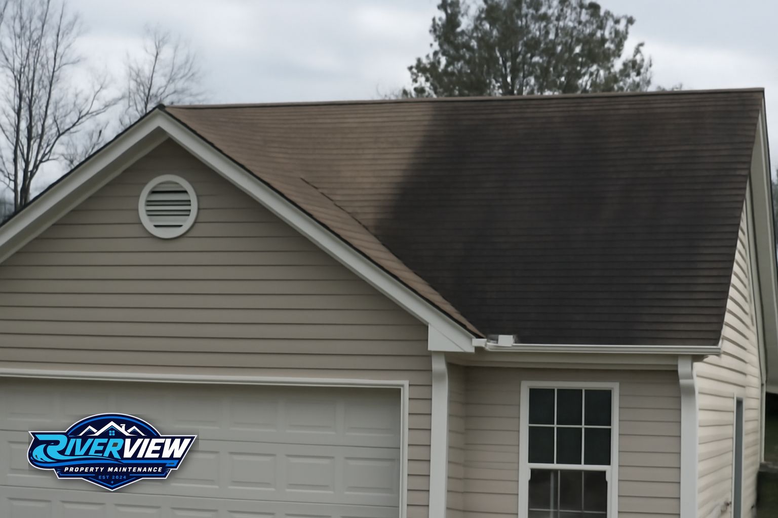 Clean asphalt shingle roof after soft washing service in Lawrenceville, GA