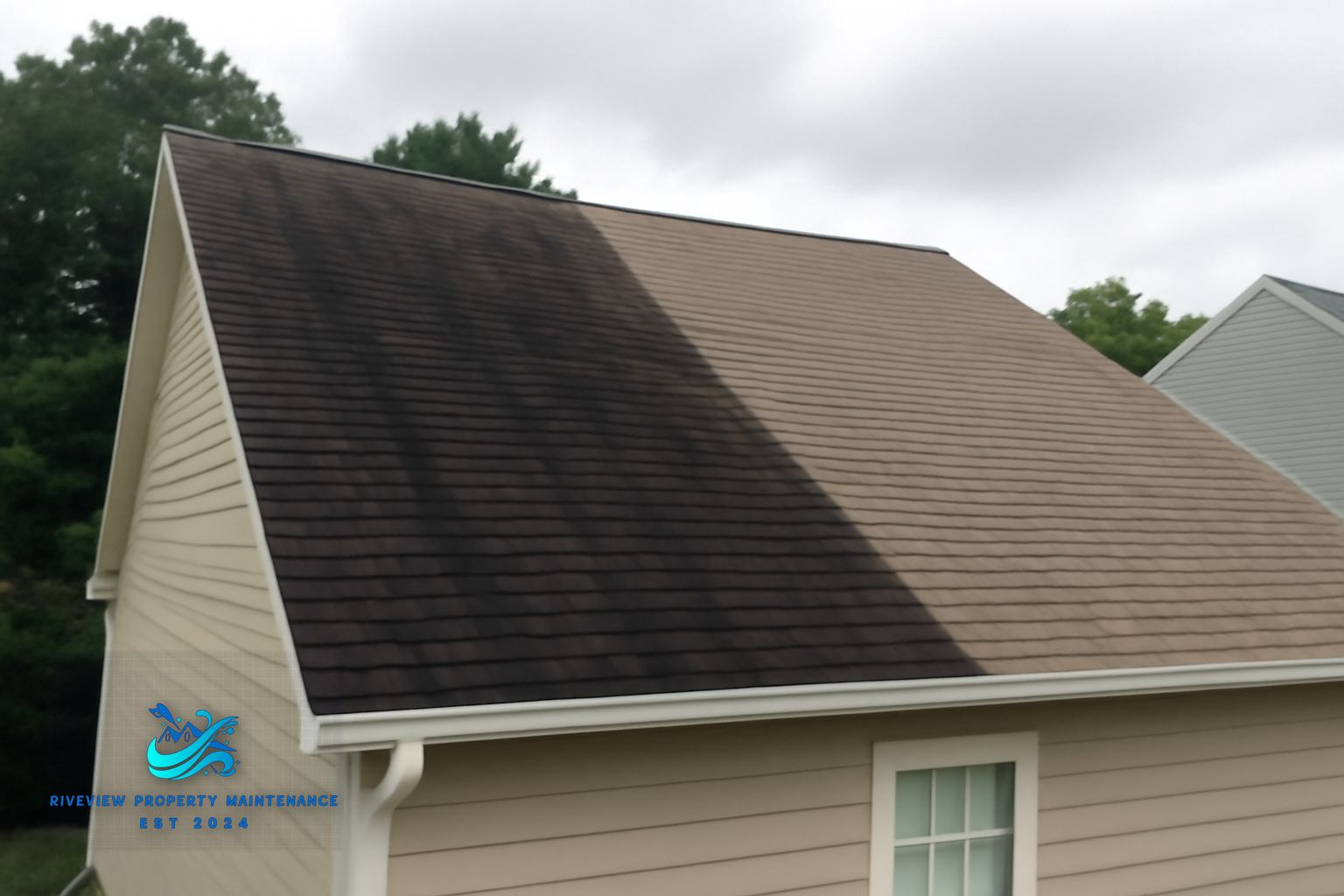 Clean asphalt shingle roof after soft washing treatment in Lawrenceville, Georgia