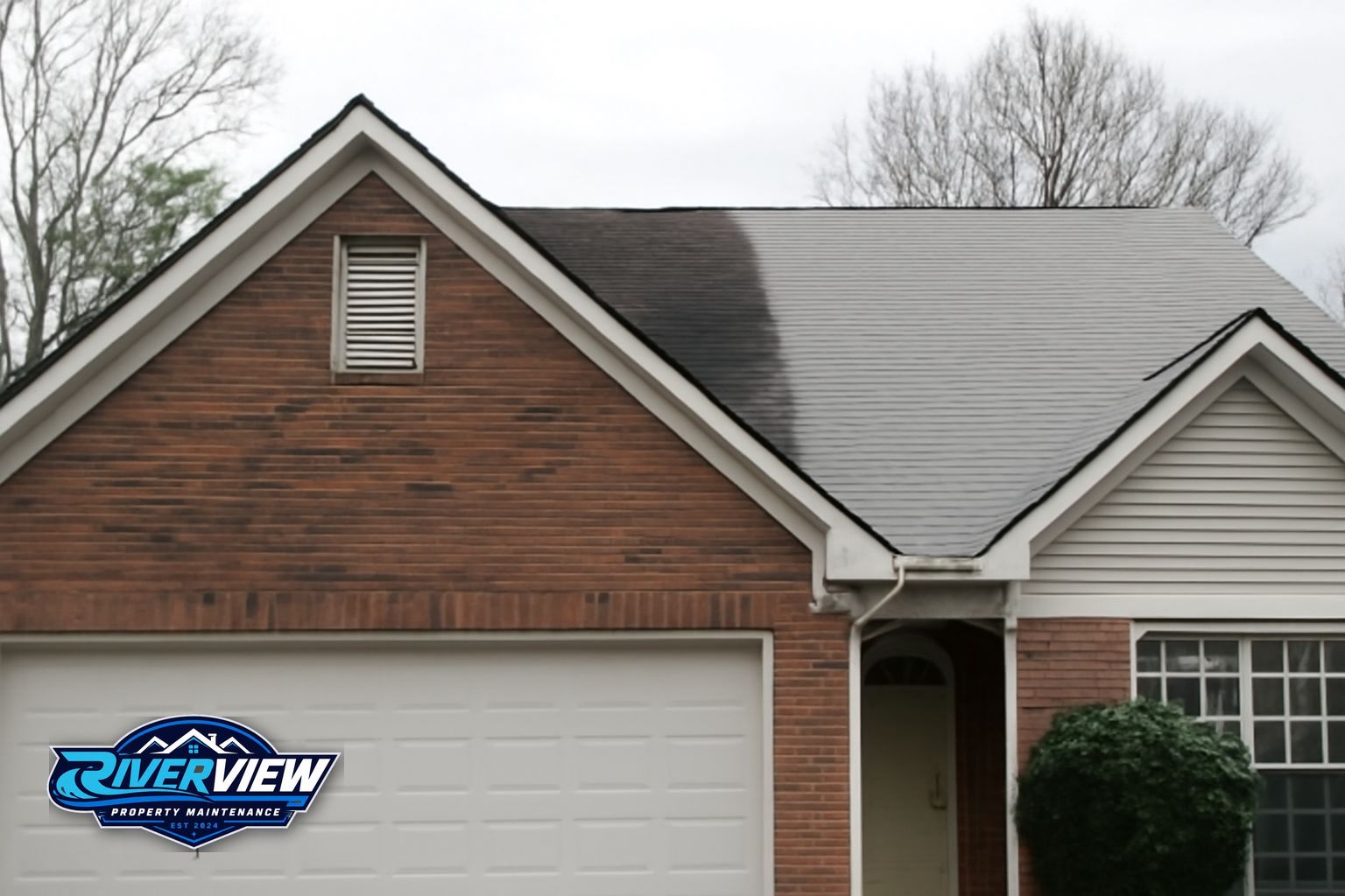 Black algae streaks on asphalt shingle roof in Mulberry GA before soft washing
