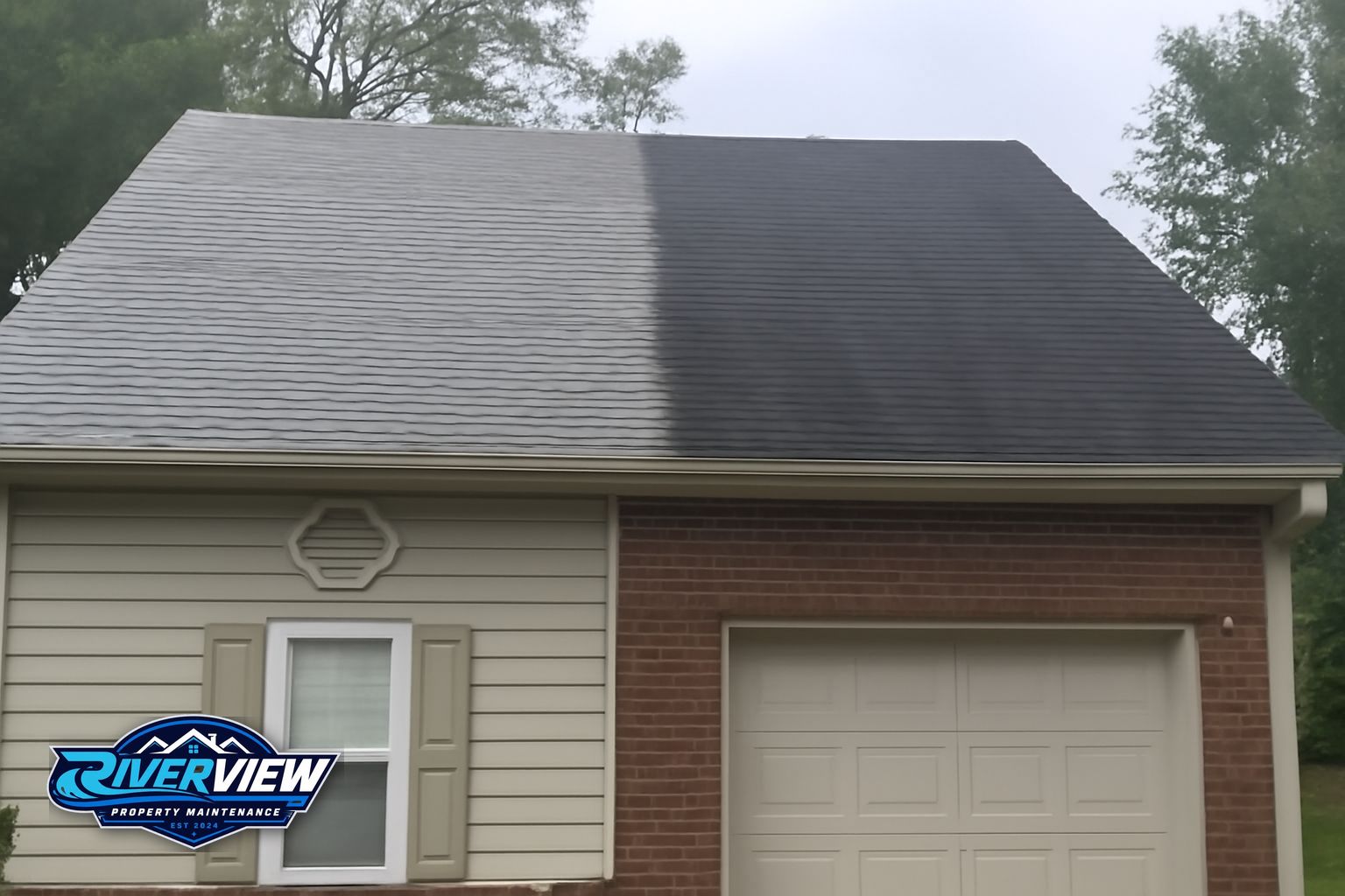 Clean asphalt shingle roof on a Gwinnett County home after Riverview Property Maintenance soft washing service