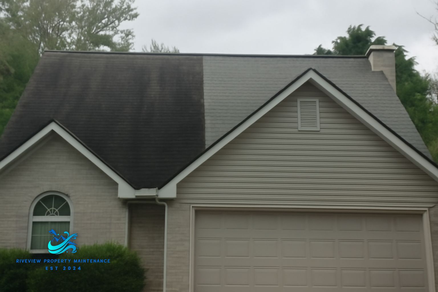 Dark algae streaks running down asphalt shingles on a Winder Georgia home roof before soft washing treatment