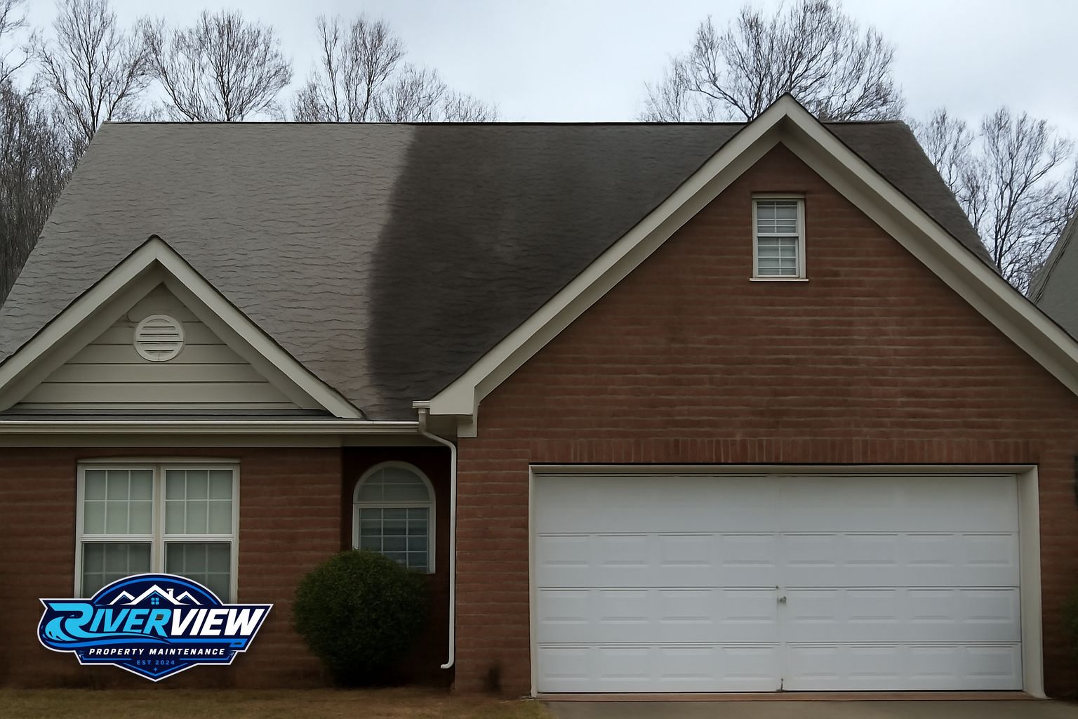 Clean roof and exterior on a Barrow County home after Riverview soft washing service