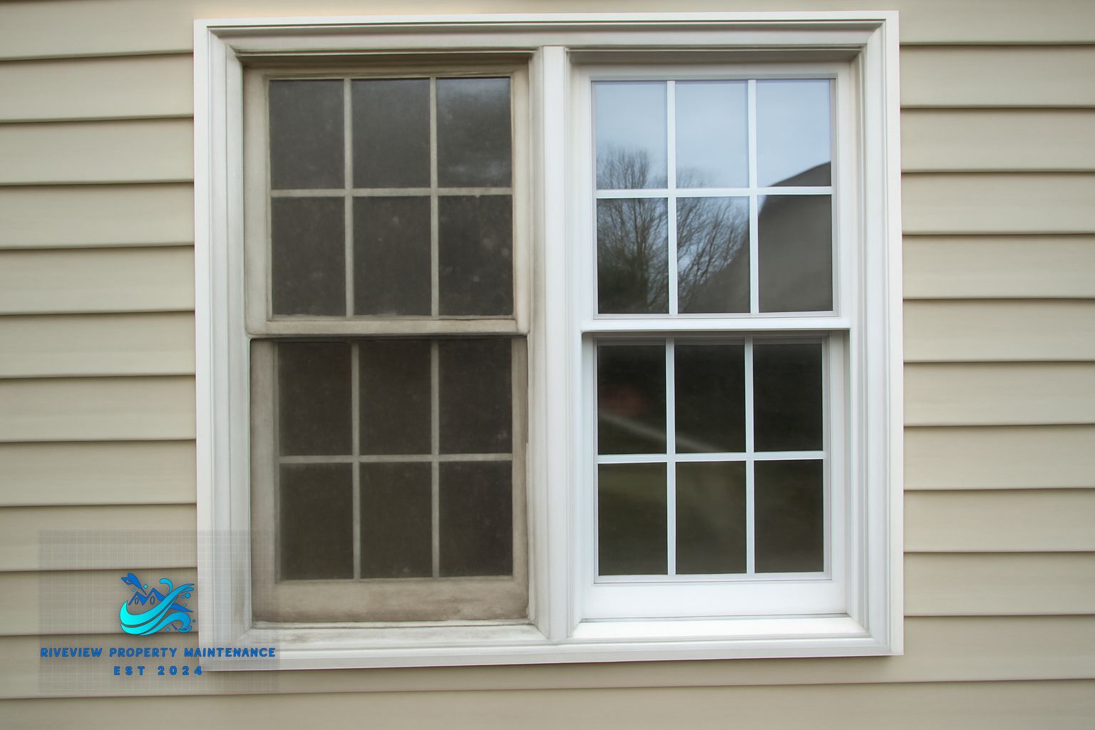 Streak-free window cleaning on a Buford, GA home with pine trees in the background