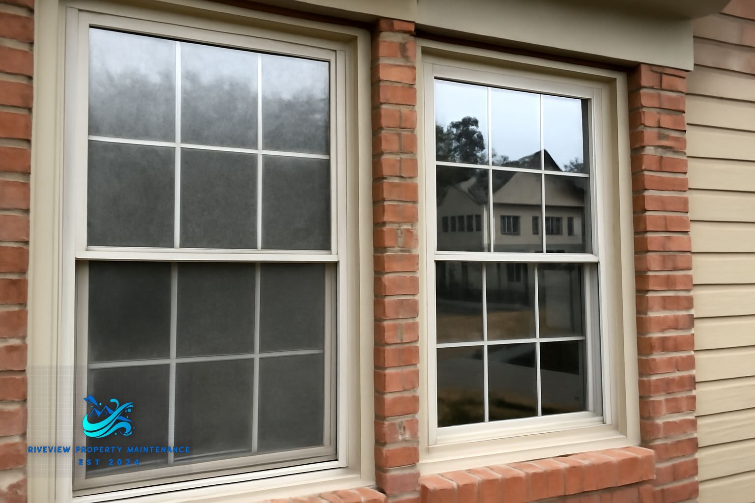 Before and after view of pine pollen residue removed from window glass on a Dacula Georgia home