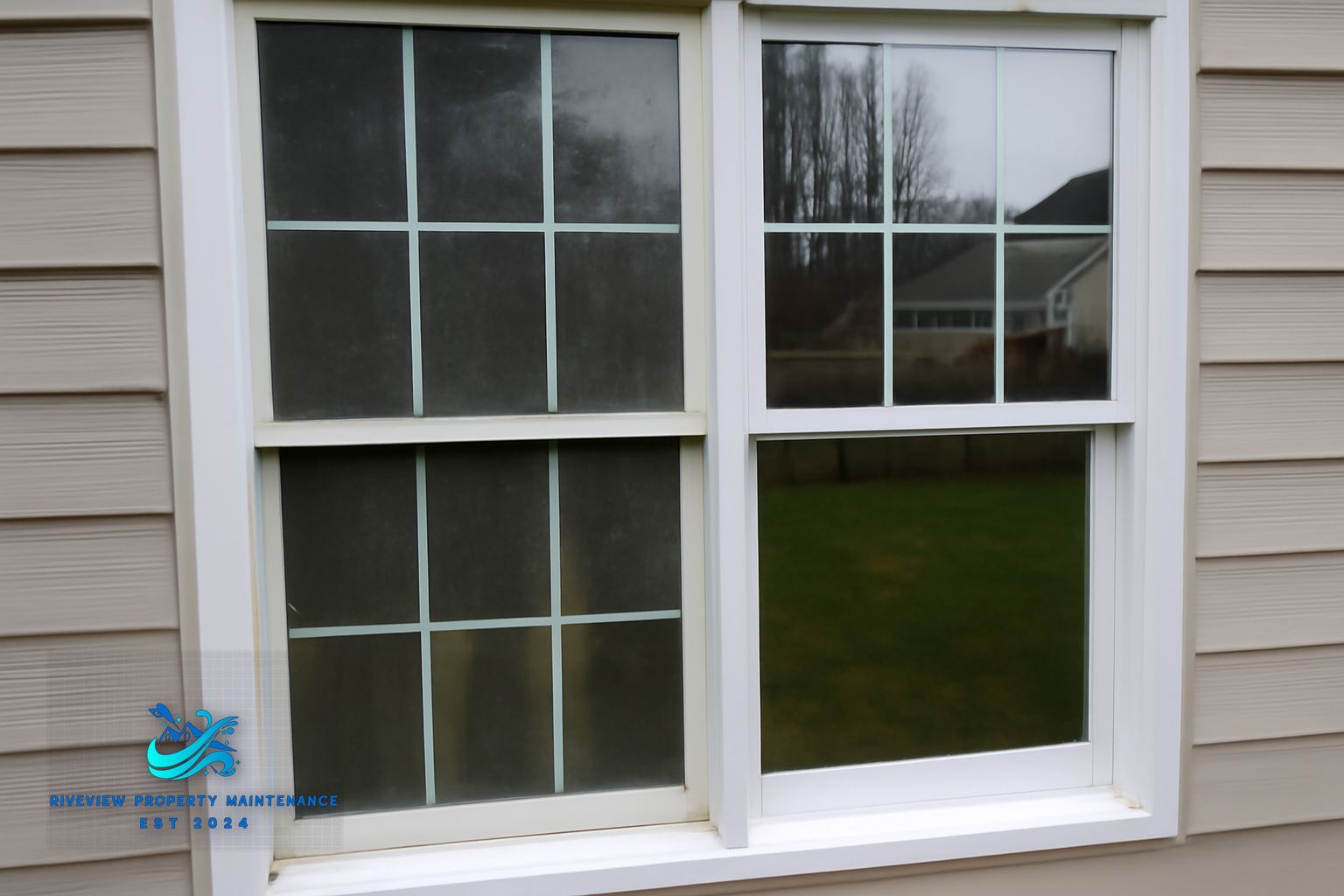 Technician cleaning upper-story windows on a Lawrenceville GA home using a water-fed extension pole