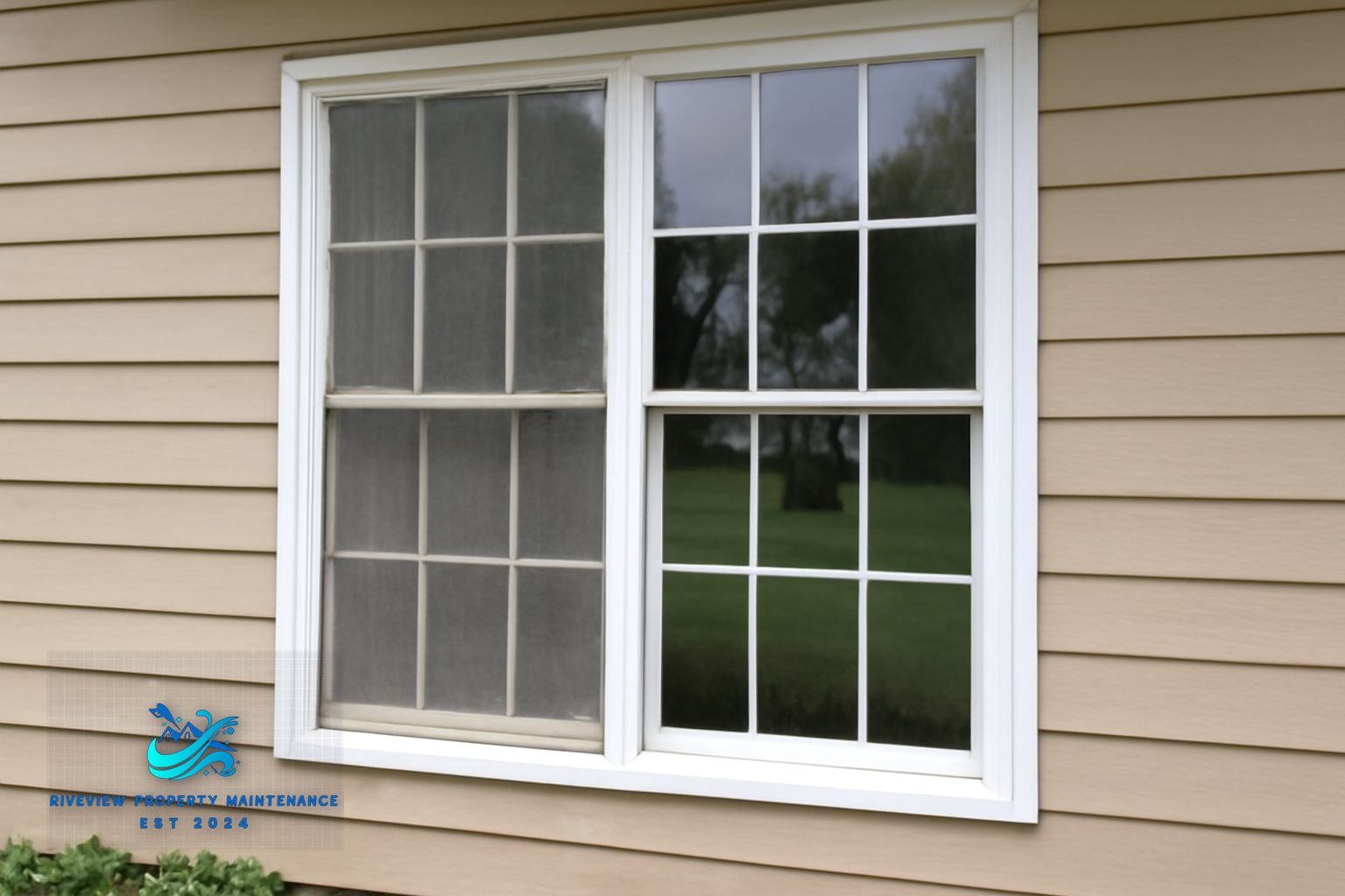 Technician cleaning exterior windows on a two-story home in Mulberry, GA