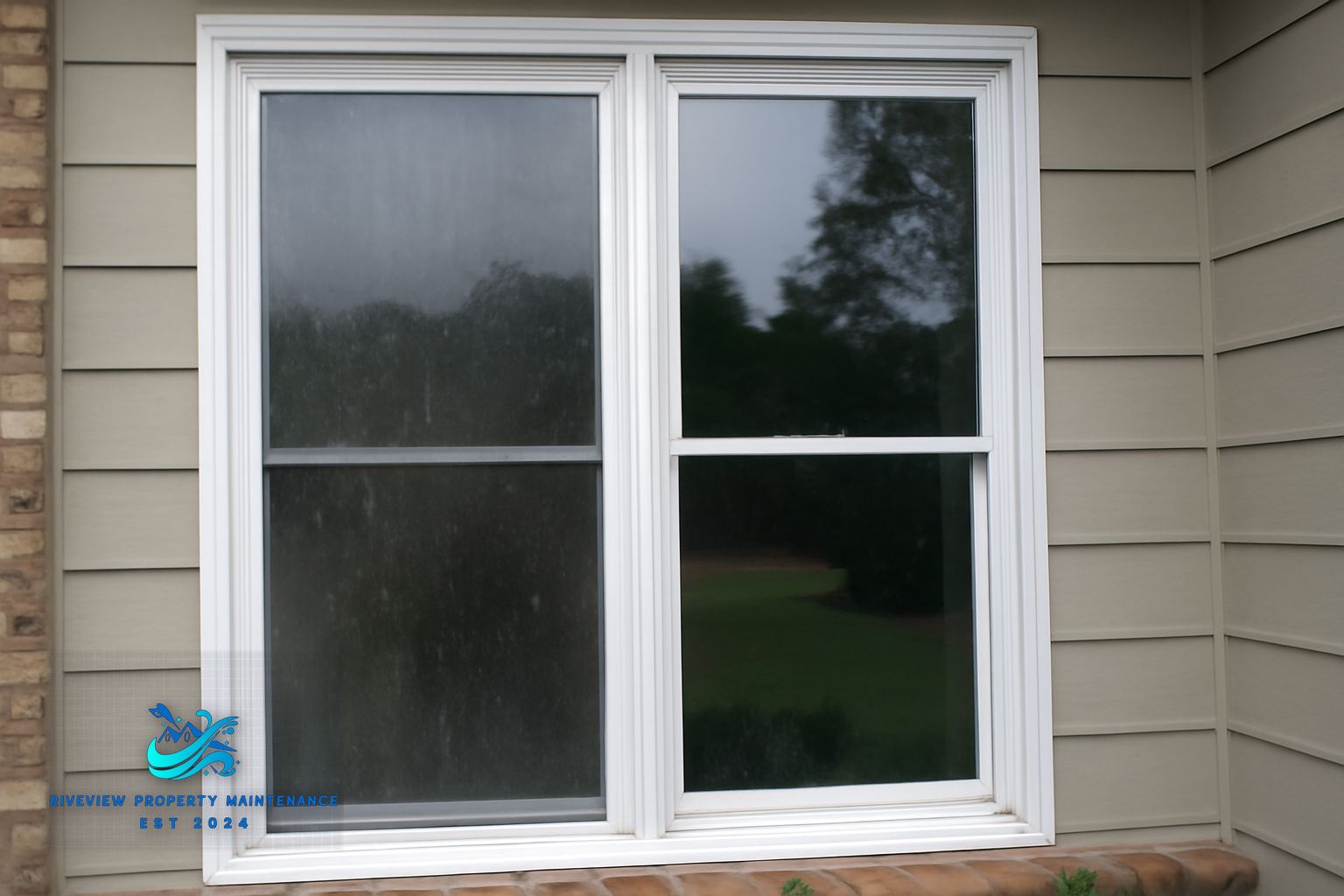 Before and after window cleaning on a Winder Georgia home showing pollen and grime removal